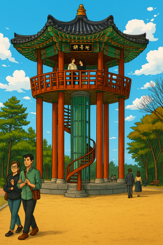 해월정 키 높이기 소개 이미지. 2026년 2월 현재 해월정의 기둥을 높여 해운대 바다 전망을 볼 수 있도록 하고 있다