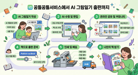 ‘꿈틀꿈틀’은 AI로 그림일기를 쓰고 실물 책까지 만드는 원스톱 출판 프로세스를 제공한다. AI 프롬프트로 이미지를 생성·편집하고, 온라인 공유를 거쳐 디자인 선택 후 인쇄하면 나