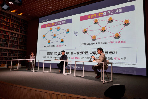 포럼 첫 번째 세션에서 ‘경제 성장과 사회 가치가 분리된 불균형의 시대’를 주제로 패널 토의가 진행되고 있다