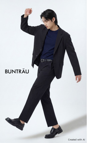 GS샵 AI 모델이 분트로이 남성 라인 플렉슈라 재킷 및 팬츠를 선보이고 있다