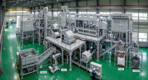 그리니시스템이 도입 예정인 시간당 최대 2톤급 폐PCB 자동 분쇄·선별 라인. 스마트 PLC 제어 시스템과 이중 분쇄 공정을 통해 폐PCB로부터 구리와 수지 분말을 99% 이상의 