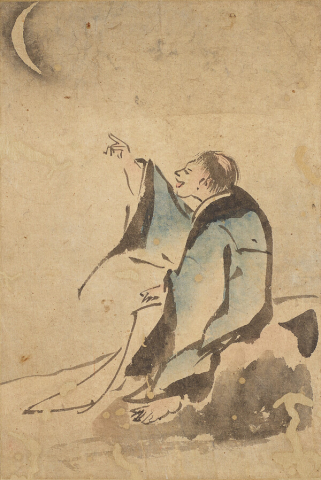 문월(問⽉), 탄은 이정(李霆), 지본담채 24.0×16.0cm. 그믐달이 으스름하게 빛나는 산허리 바위에 걸터앉은 고사가 손을 들어 달을 가리킨다. 도포 한 자락만 걸친 듯 입고