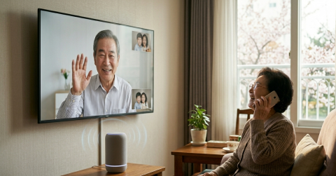 베이직인터내셔널의 AI 기술이 구현한 ‘디지털 가족 연결’ 서비스. 대형 화면과 스마트 스피커를 통해 멀리 떨어진 가족의 목소리와 모습을 실시간으로 공유하며 소통한다. 베이직인터내