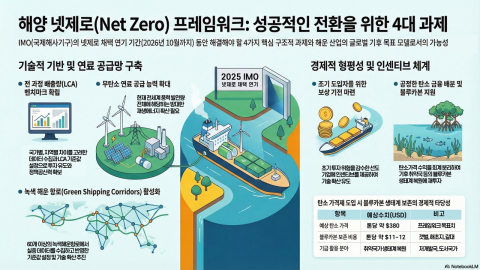 해양 넷제로(Net Zero) 프레임워크: 성공적인 전환을 위한 4대 과제(출처: NotebookLM 활용)