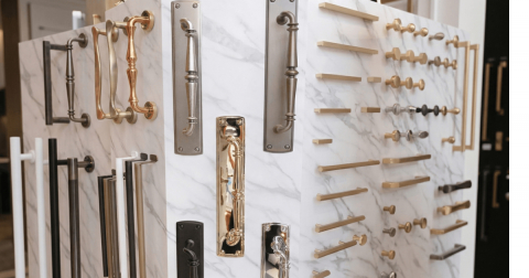 성진철물 매장에서 다양한 방문손잡이와 주물손잡이를 비교할 수 있는 전시 모습