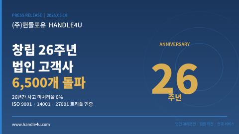 오는 18일 창립 26주년을 맞는 법인 대리운전 전문 기업 핸들포유가 누적 법인 고객사 6500개를 돌파했다고 밝혔다