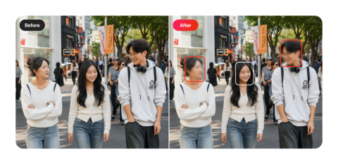 VDIT v4.0.0 업데이트 버전 ‘AI 얼굴 자동 감지 모자이크’ 소개 이미지. 영상 속 여러 얼굴을 자동으로 감지해 손쉽게 모자이크 처리할 수 있다