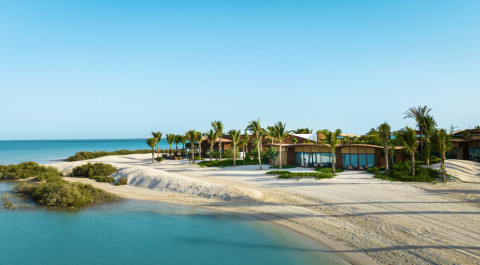Villas set among palm trees and desert sands, reflecting the beachfront setting at Shura Island.