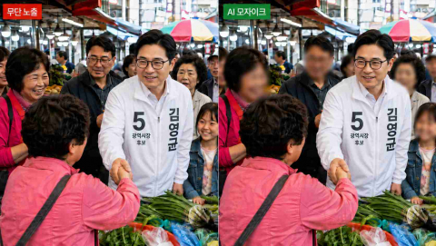 선거 유세 영상 내 시민 초상권 보호 전·후 비교. 시민들의 얼굴이 무방비로 노출된 원본 화면(왼쪽)과 AI 모자이크 기술을 적용해 행인의 프라이버시를 보호한 화면(※ AI 생성 