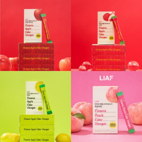 초블레스의 대표 K-푸드 제품인 ‘리아프(LIAF) 애플사이다비니거(애사비)’ 4종 라인업(오리지널 사과, 리치, 레몬, 복숭아 맛). 자체 특허 기술로 식초의 불편함을 없애고 ‘