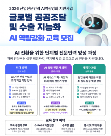 정부조달수출진흥협회 ‘AI 기반 글로벌 공공조달 및 수출 지능화’ 국비 교육과정 포스터