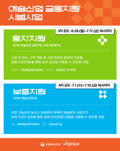 2026 예술산업 금융지원 시범사업 공모(융자 3차·보증 4차) 안내 이미지(제공: 예술경영지원센터)
