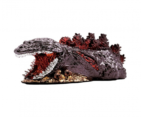 오리지널 고질라 금속 피규어(길이 13cm, 폭 5.5cm). 이 피규어는 ‘고질라 요격작전’의 상징인 ‘거대 아와지시마 고질라’를 모티브로 금속으로 제작한 박력 있는 조형과 중후
