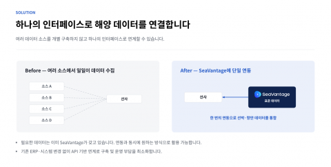 씨벤티지가 ‘2026년 제2차 해양산업 AI 전환 실무협의회’에서 소개한 해양 데이터 연계 구조. 여러 소스에서 개별 수집하던 선박·항만 데이터를 표준화해 하나의 인터페이스로 기존