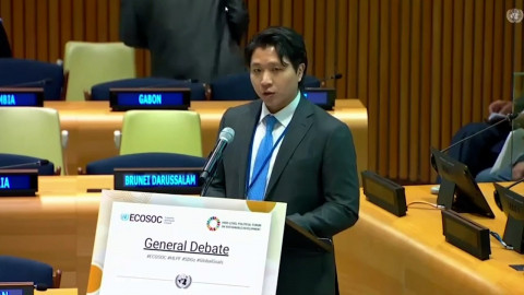 구교산 이태석재단 미주지부장이 UN ECOSOC 고위급 정치포럼(HLPF)에서 남수단 AI 교과서 프로젝트를 발표하고 있다