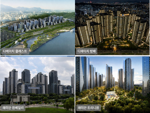 한국미쓰비시엘리베이터가 승강설비를 공급한 강남 주요 하이엔드 공동주택. 왼쪽 상단부터 시계방향으로 디에이치 클래스트, 디에이치 방배, 래미안 트리니원, 래미안 원베일리(제공=현대건