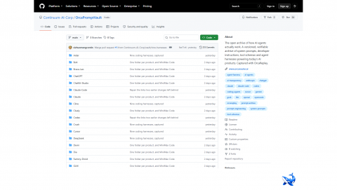 OrcaPromptVault GitHub 저장소의 README.md 화면. 제목 OrcaPromptVault 위에 영어·중국어·일본어·한국어 등 8개 언어 번역 링크가 있고, 제목