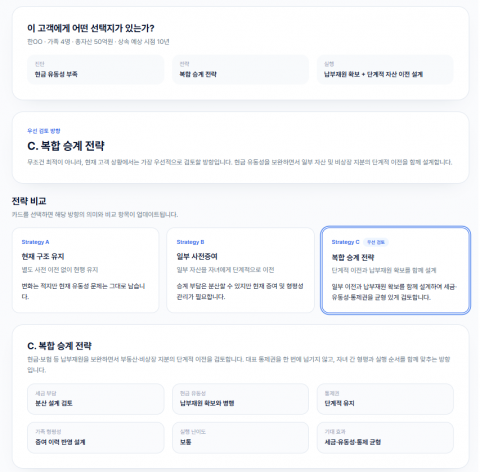 WealthMap 자산 승계 전략 화면(Demo). 진단 결과를 바탕으로 주요 승계 전략을 비교하고 우선 검토 방향을 확인할 수 있다