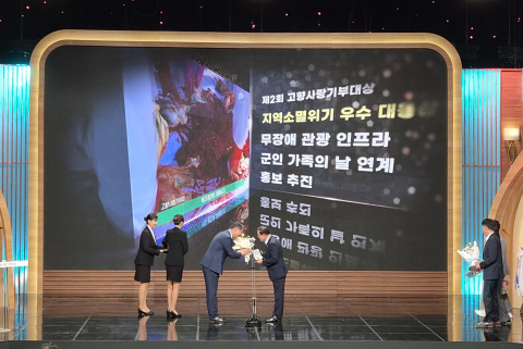 정선용 공제회 이사장이 특별상 부문 ‘지역소멸위기 우수대응상’을 수상한 연천군 김덕현 군수에게 상패를 전달하고 있다