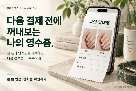 ‘다음 결제 전에 꺼내보는 나의 영수증’ 달내영 2.0 서비스 개념 이미지. 관리 전후 사진과 이용 비용, 주관적 만족도를 기록해 다음 소비의 판단에 활용하는 모습을 표현했다(AI