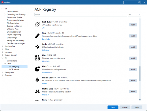 ACP Registry 인터페이스(Kai 1.1 설정 화면)