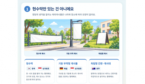옥외광고센터 홈페이지 ‘정보마당’ 해외 전문 사례에 게시된 ‘해외 주요국 정당현수막 규제 비교조사’ 인포그래픽. 나라별 정당 게시물의 형태와 관리 방식을 그림으로 쉽게 풀어 설명했