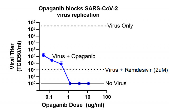 opaganib은 양성 대조군인 렘데시비르(remdesivir) 등 함께 실험한 다른 물질들보다 항바이러스 활성이 가장 강력했다