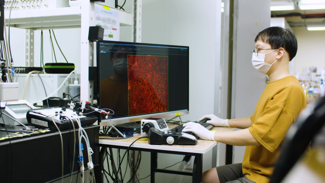 서울대학교 박혜윤 교수 연구팀의 연구원이 살아있는 뇌 안에서의 기억흔적 영상화 연구를 하고 있다
