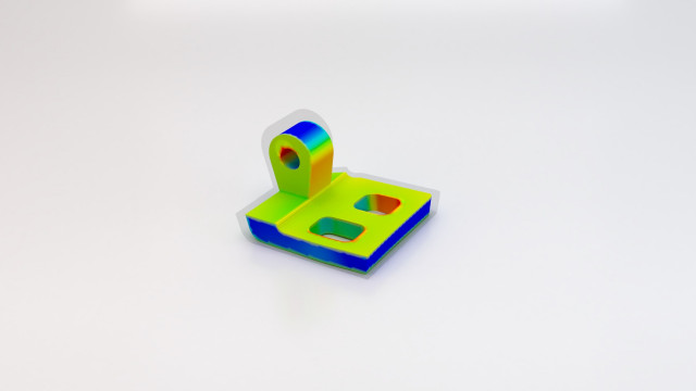 금속 바인더 젯팅 소결 공정 이후 발생하는 수축 효과로 시뮬레이션된 힌지 부품을 초기 CAD 데이터와 비교한다. CAD 지오메트리(투명)는 수축 정도를 나타내며 색상은 시뮬레이션된 부품과 초기 CAD 지오메트리 간 편차(파란색·빨간색 - 불량, 녹색 - 양호)를 보여준다