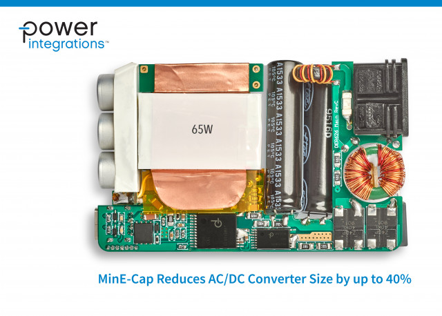 새로운 MinE-CAP 디바이스로 입력 벌크 커패시터 크기 대폭 감소, 돌입 전류 최대 95%까지 감소, NTC 서미스터 및 관련 손실이 제거된다