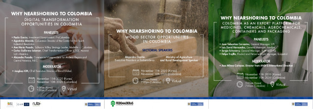 웨비나: Why Nearshoring to Colombia 화학, 석유화학, 생명 과학/4차 산업/삼림 & 목재 가공 관련 비즈니스 안내 포스터
