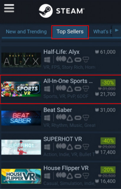 최고 인기 제품(Top Seller) 2위에 오른 올인원 스포츠 VR