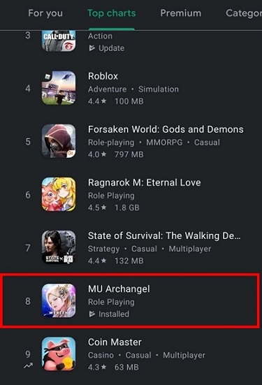 웹젠의 모바일 MMORPG 뮤 아크엔젤이 필리핀 구글플레이 매출 순위 8위를 기록했다