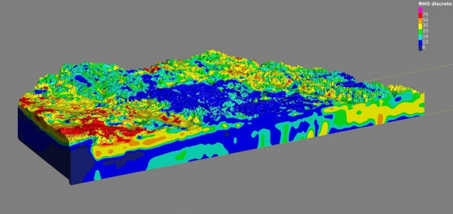미국 네브래스카 주 Principal Aquifer 지하에 있는 지질학적 지도로 Airborne Electromagnetic(AEM) 원격 감지를 사용해 4000제곱마일의 연구 영역에서 데이터를 가져왔다. 높은 저항률 값은 노란색에서 빨간색(모래 및 자갈)으로, 낮은 저항률 값은 파란색에서 녹색(점토 및 세사)으로 표시한다