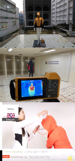 위쪽부터 빗살무늬의 낚시 재킷 강우 실험, 바이크마트의 체온 변화 측정 풍동 실험, 비스의 골프 비옷 싱가포르 라이브 커머스
