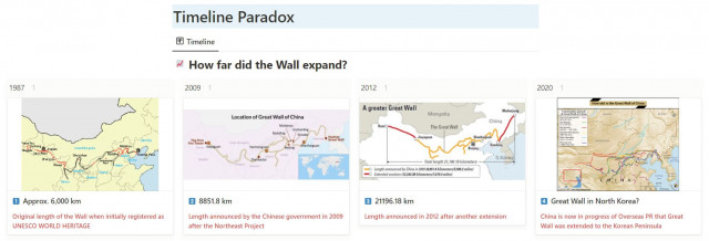 Timeline Paradox page showing how the Great Wall had been expanded deliberately by the Chinese gover...