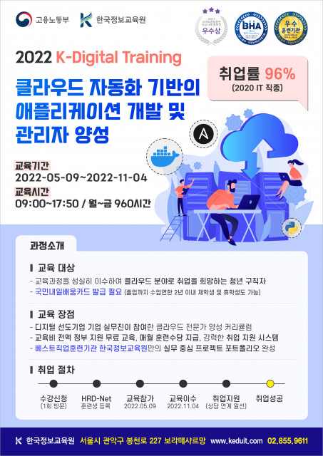 2022년 K-디지털 트레이닝 ‘클라우드 자동화 기반의 애플리케이션 개발 및 관리자 양성’ 웹 포스터