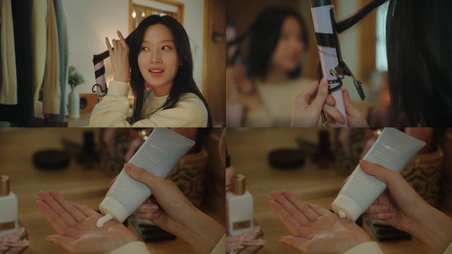 배우 문가영이 보다나 ‘데미지 커버 헤어 에센스’와 ‘글램웨이브 봉고데기’를 사용하는 영상 갈무리(사진 제공: tvN)