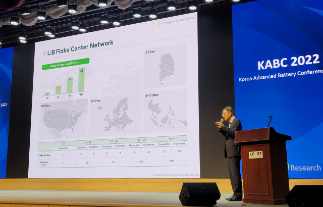 21일 한국과학기술회관에서 열린 KABC 컨퍼런스에서 영풍 그린사업실 심태준 전무가 2차 전지 리사이클링 사업 전략에 대해 발표하고 있다