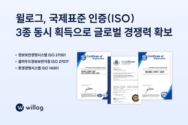 윌로그가 동시 획득한 ISO 인증 3종(14001, 27001, 27017)