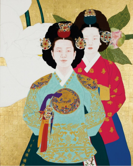 ‘황실의 품위 201310’ 2013, 수제 장지 위에 금박 24K 석채 먹, 150×120cm
