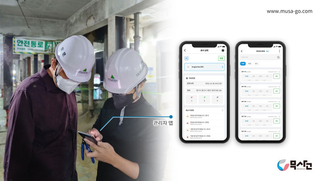 현대엔지니어링의 서울 여의도 지하 주차장 현장에서 관리자들이 ‘무사고 가드’의 스마트폰 앱을 통해 구조물들의 안전상태를 확인하고 있다