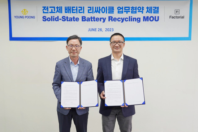 YoungPoong signed an MOU with Factorial Inc. on June 26, to develop solid-state battery recycling te...
