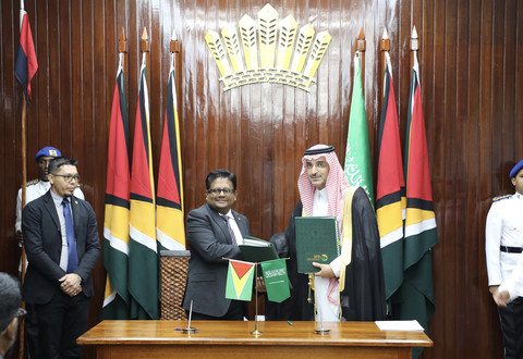 (from left to right): Guyana Minister of Finance, Hon. Dr. Ashni Singh & The Saudi Fund for Development (SFD) Chief Executive Officer, H.E. Sultan Al-Marshad (Photo: AETOSWire)