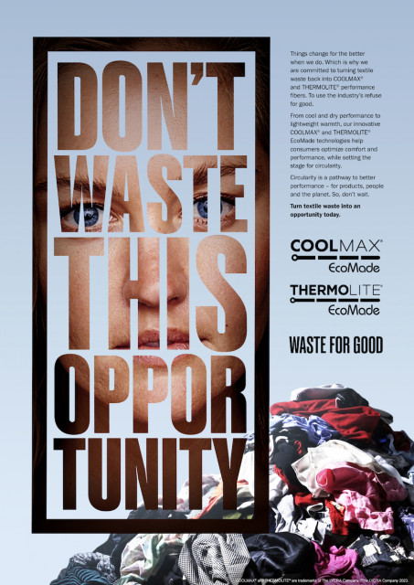 “Waste for Good” messaging promotes COOLMAX® EcoMade and THERMOLITE® EcoMade technologies and the ad...