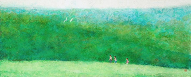 ‘The Life’, 캔버스 위해 한지, 수간채색, 64.5x162cm, 2023. 화면의 산 위에는 세 명의 어린아이들이 뛰놀고 있다. 셋은 완전수이자 성 삼위 하나님을 상징하며, 차세대가 주님과 하나돼 말씀대로 회복되기를 축복하는 의미다