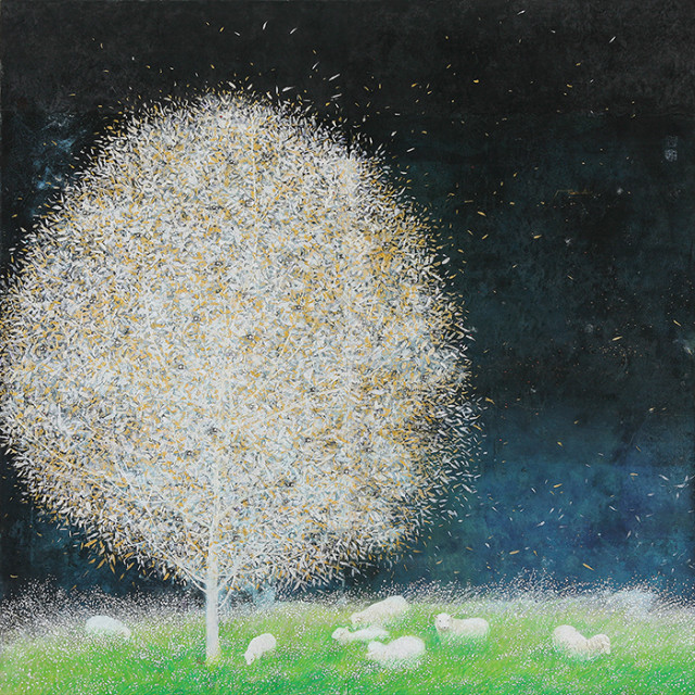 ‘Tree of life_Poem23’, 50x50cm, hand_embllished pigment print. 24K 금, 미네랄 안료, 8/50, 2023. 삶의 어두움 가운데 정금 같이 빛으로 충만하며 빛을 발하는 생명나무가 되기를 축복하는 의미로 화면에 실제 24K Gold를 사용해 작업했다