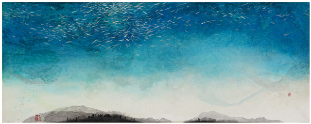 ‘The Living Water’, pigment print, 31x73cm 4/12, 2023. 요한계시록 22장 1절(또 그가 수정 같이 맑은 생명수의 강을 내게 보이시니) 말씀을 그림으로 표현한 것으로, 작품 하단에는 산 정상의 한 무리의 사람들, 하늘에는 생명수가 강같이 흘러 이 땅으로 부어지며, 생명을 상징하는 치어 떼가 있다
