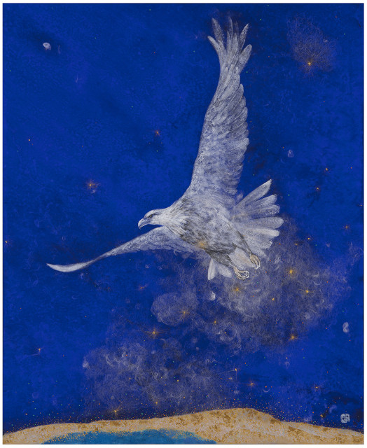‘The blessing’, hand_embllished pigment print. 24K 순금, 미네랄 안료, 2/45, 2023. 화면의 독수리는 힘차게 비상하며 별무리를 이 땅에 부어주고 있다. 별은 새벽별, 즉 예수님을 상징하며, 세상 가운데 수많은 별과 같은 사람들이 세워지기를 축복하는 의미다