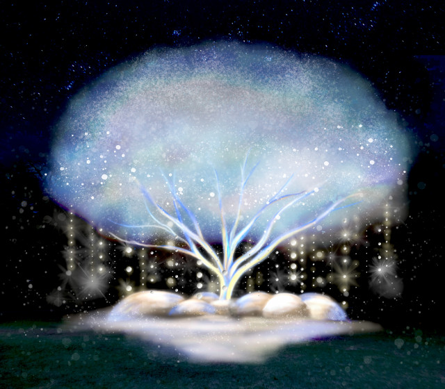 도쿄도 정원 미술관의 상징과도 같은 팽나무에 투영시키는 프로젝션 매핑 작품 ‘빛이 머무는 큰 나무’의 이미지 예시
